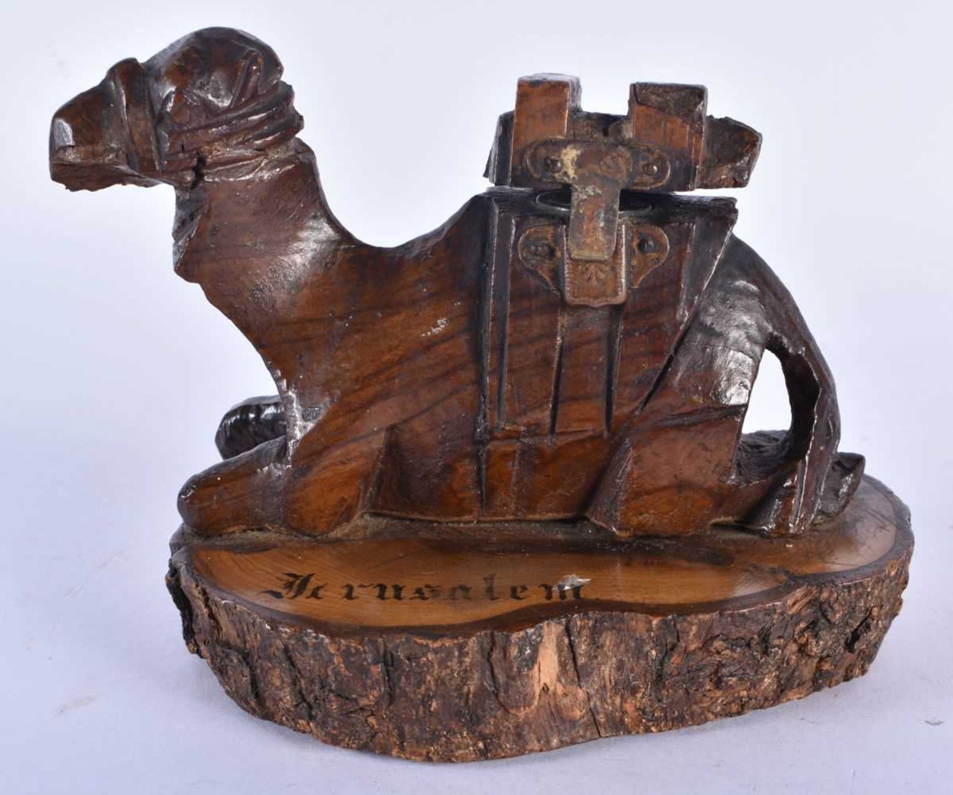 A MIDDLE EASTERN JERUSALEM CARVED WOOD CAMEL INKWELL together with a treen shoe & assorted antique - Image 4 of 5