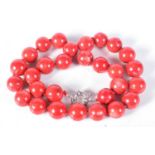 A Red Bead Necklace. 47cm long, Bead Size 14.4mm, weight 123g