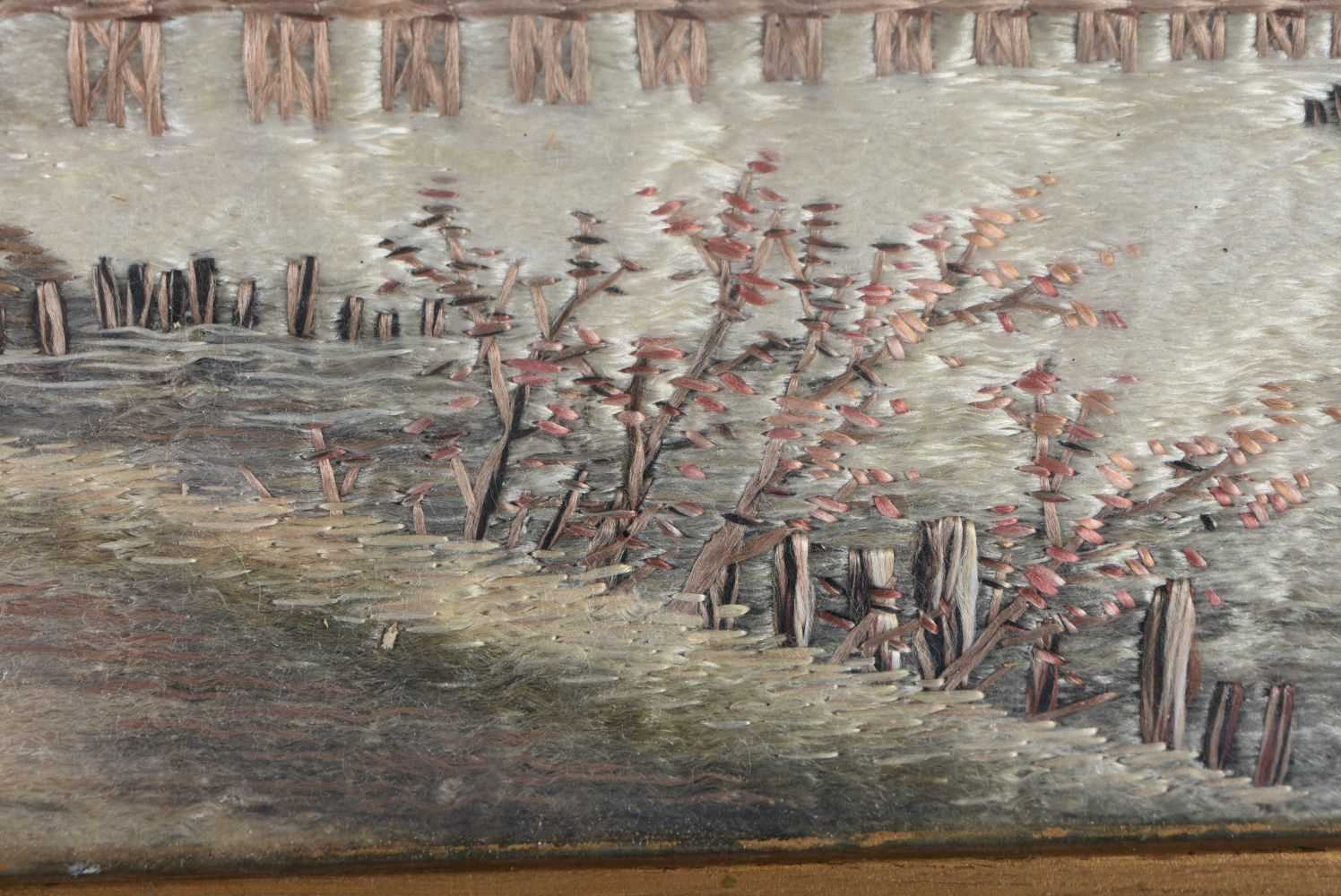 A 19TH CENTURY JAPANESE MEIJI PERIOD EMBROIDERED SILK PANEL depicting a river landscape. 42 cm x - Image 3 of 5