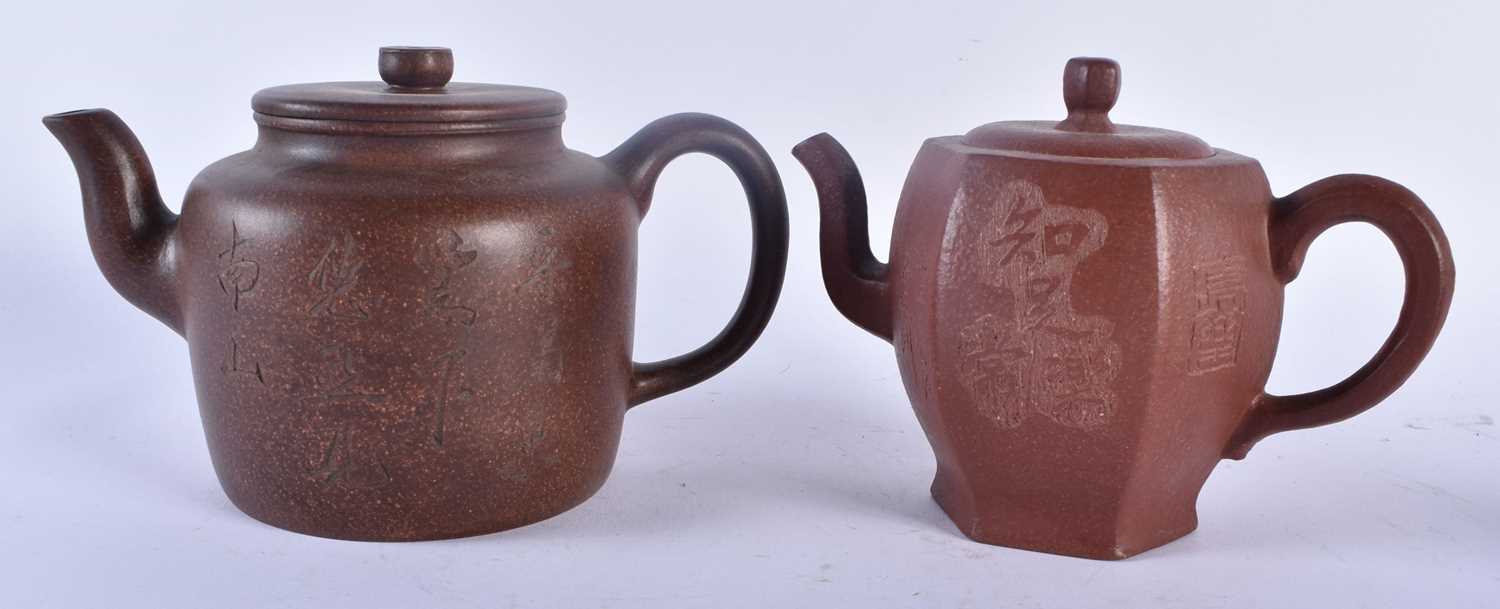 THREE CHINESE YIXING POTTERY TEAPOTS AND COVERS possibly Republican period. Largest 20 cm wide. (3) - Image 2 of 13