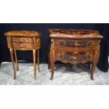 A baroque style inlaid 2 drawer table together with a smaller inlaid table 68 x 78 cm.