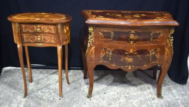 A baroque style inlaid 2 drawer table together with a smaller inlaid table 68 x 78 cm.
