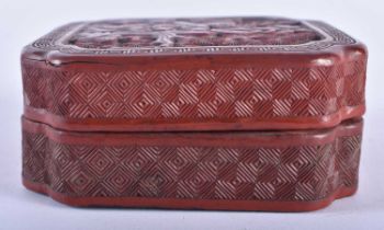 A CHINESE QING DYNASTY CARVED CINNABAR LACQUER BOX AND COVER decorated with landscapes. 10 cm