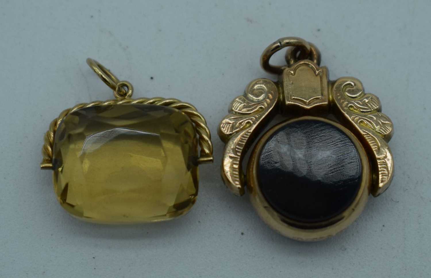 TWO 9CT GOLD WATCH FOBS. 8.9 grams. Largest 2.5 cm x 2 cm. (2) - Image 2 of 3