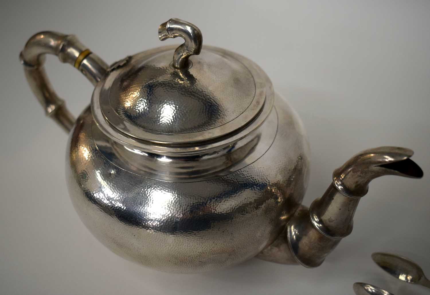 A LOVELY 19TH CENTURY CHINESE HAMMERED SILVER THREE PIECE SILVER TEASET by Hung Chong & Co, together - Image 14 of 30