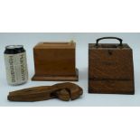 A mid Century oak and brass cigarette box together with a Satinwood cigarette dispenser and a carved