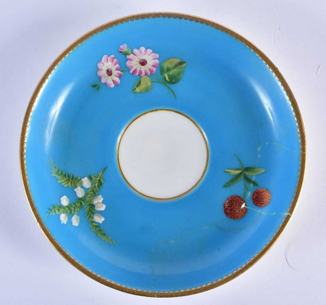 Minton coffee cup, teacup and saucer with turquoise ground painted in raised enamels with flowers ( - Image 9 of 10