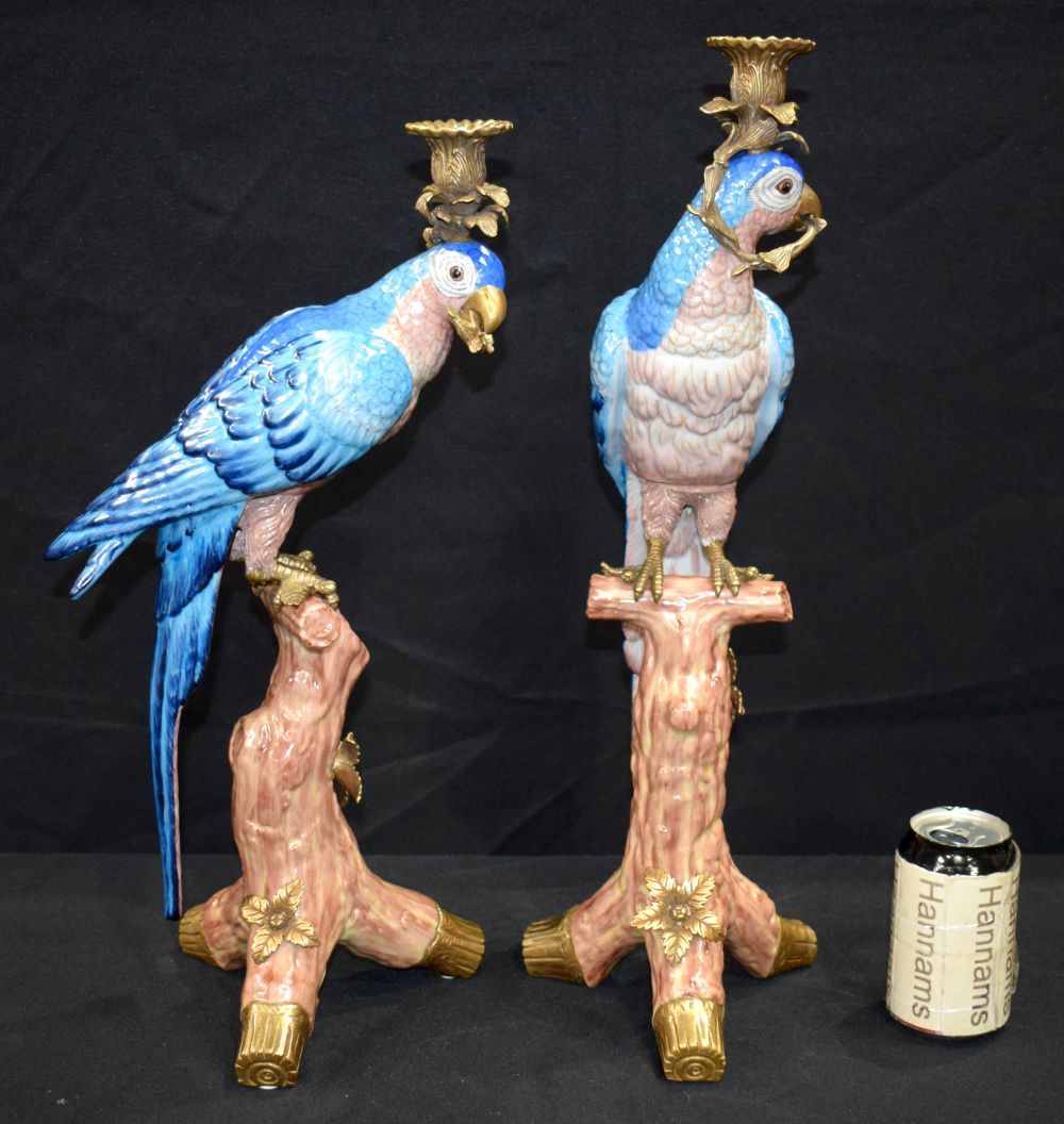 A large pair of Ormolu mounted porcelain parrot candlesticks 48 cm (2)