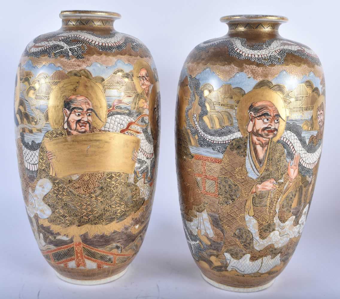 A LARGE PAIR OF 19TH CENTURY JAPANESE MEIJI PERIOD SATSUMA VASES painted with immortals. 30cm x 14 - Image 2 of 5