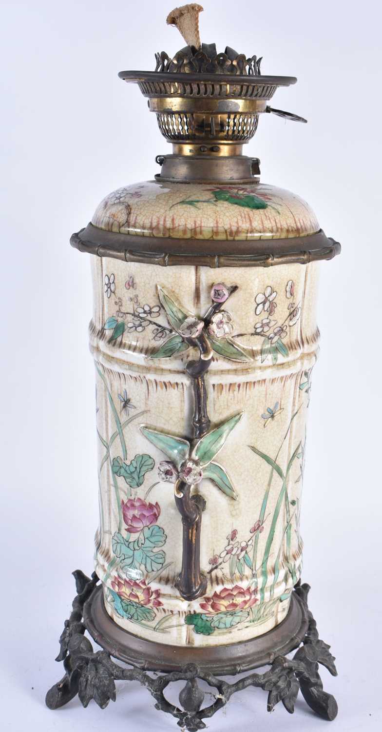 A LARGE 19TH CENTURY JAPANESE MEIJI PERIOD SATSUMA OIL LAMP painted with birds and flowers. 44 cm - Image 4 of 17