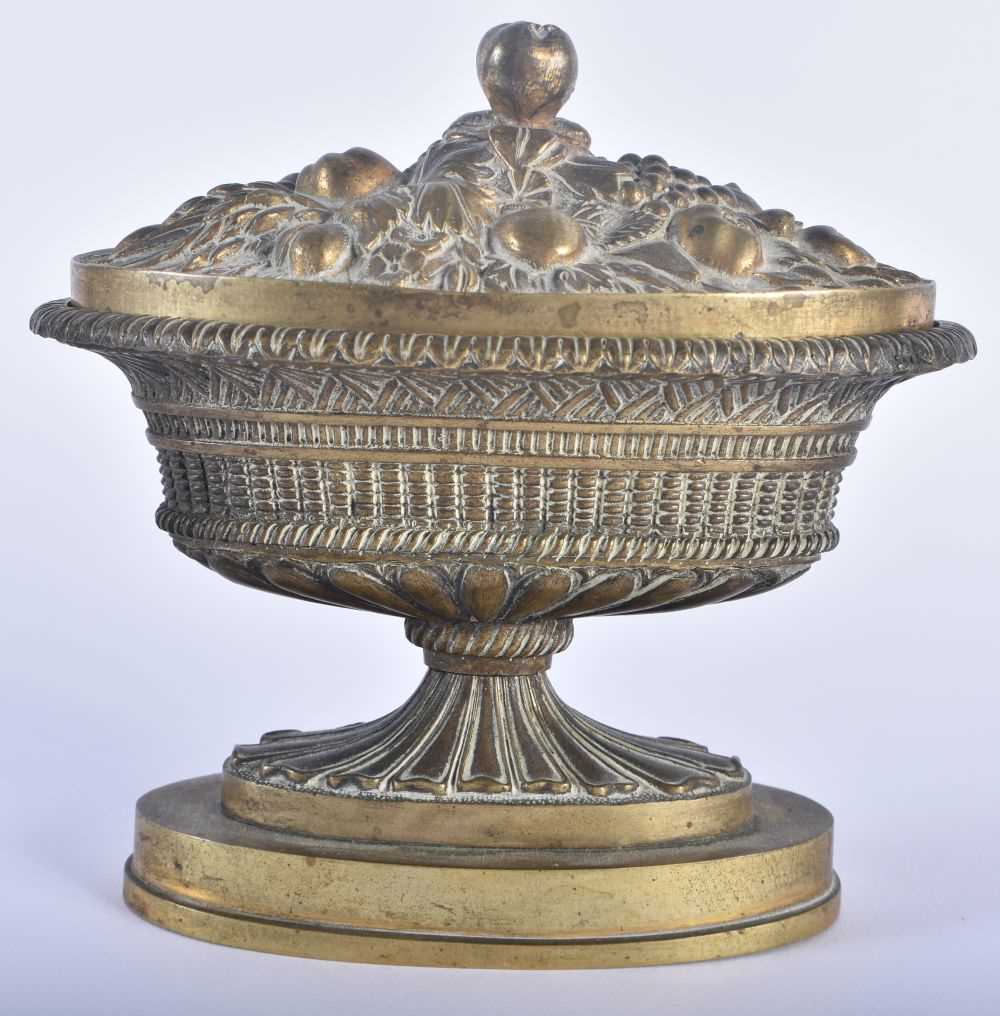 A MID 19TH CENTURY ENGLISH BRONZE COUNTRY HOUSE DESK STAND with removable fruit covered cover, - Image 3 of 5