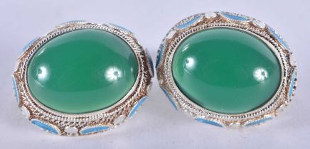 A Pair of White Metal and Enamel Earrings set with Jade Cabochons. 1.9cm x 1.6 cm, weight 9.7g