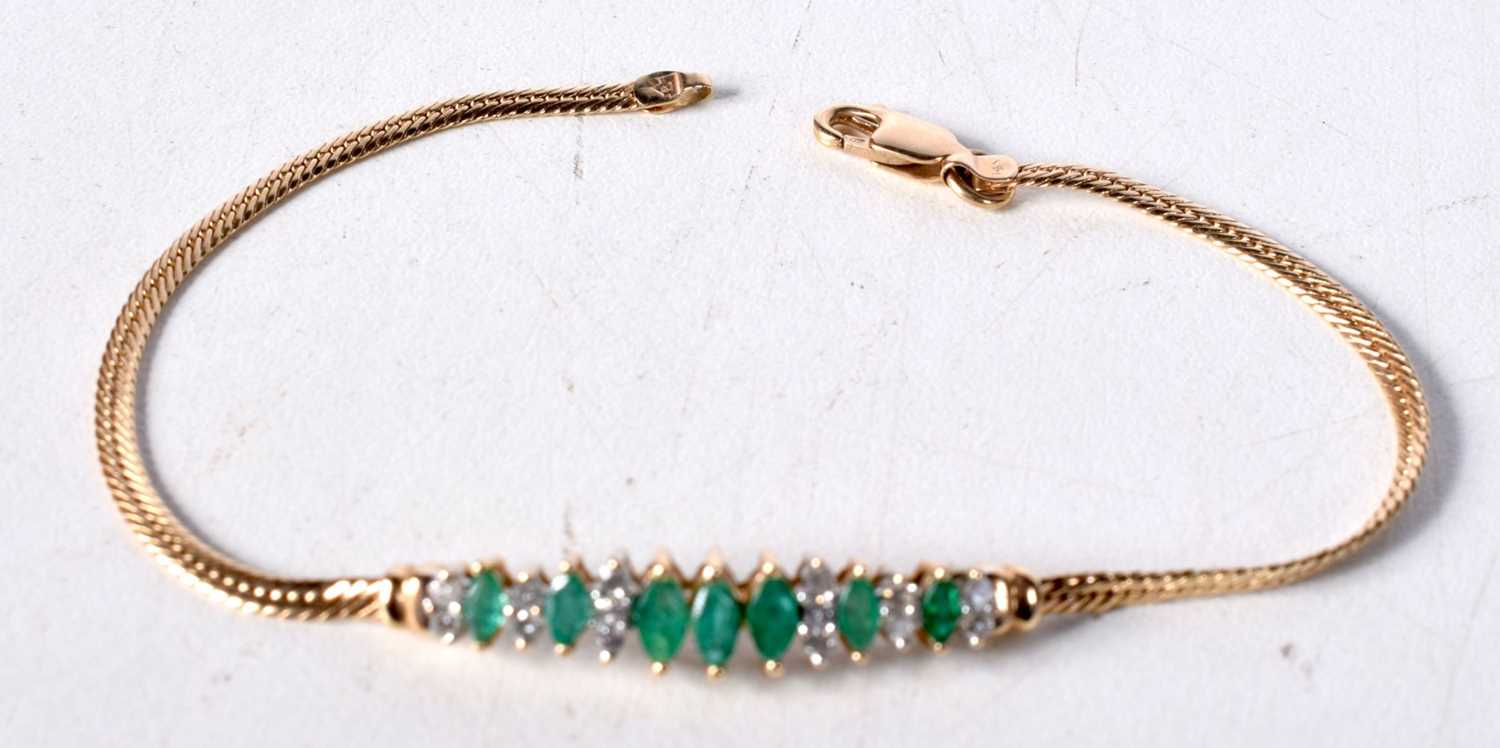 A 14CT GOLD DIAMOND AND EMERALD BRACELET. 4.7 grams. 18cm long.