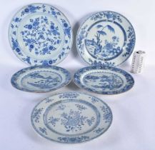 FIVE LARGE 18TH CENTURY CHINESE EXPORT BLUE AND WHITE PLATES Kangxi to Qianlong. Largest 37 cm
