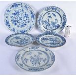 FIVE LARGE 18TH CENTURY CHINESE EXPORT BLUE AND WHITE PLATES Kangxi to Qianlong. Largest 37 cm