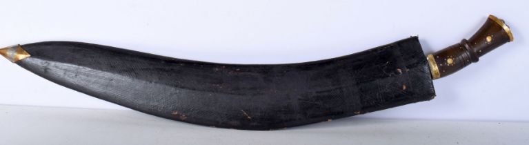 A carved bone handled long blade Hanshee kukri with leather covered wooden sheath 72 cm .