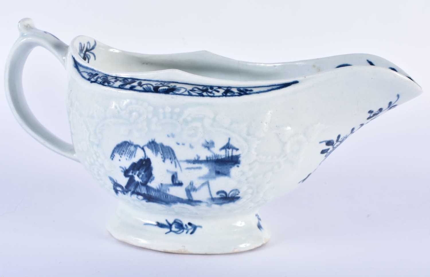Lowestoft moulded sauce boat painted with two fishing scenes and the interior with painted - Image 3 of 7