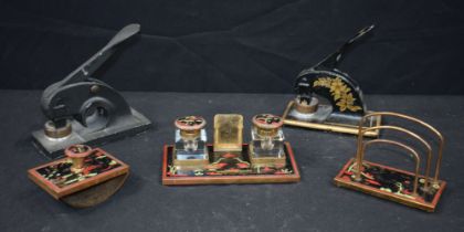 A Chinoiserie lacquered Stationery set together with 2 Victorian Emboss press 17 x 10 cm (5)