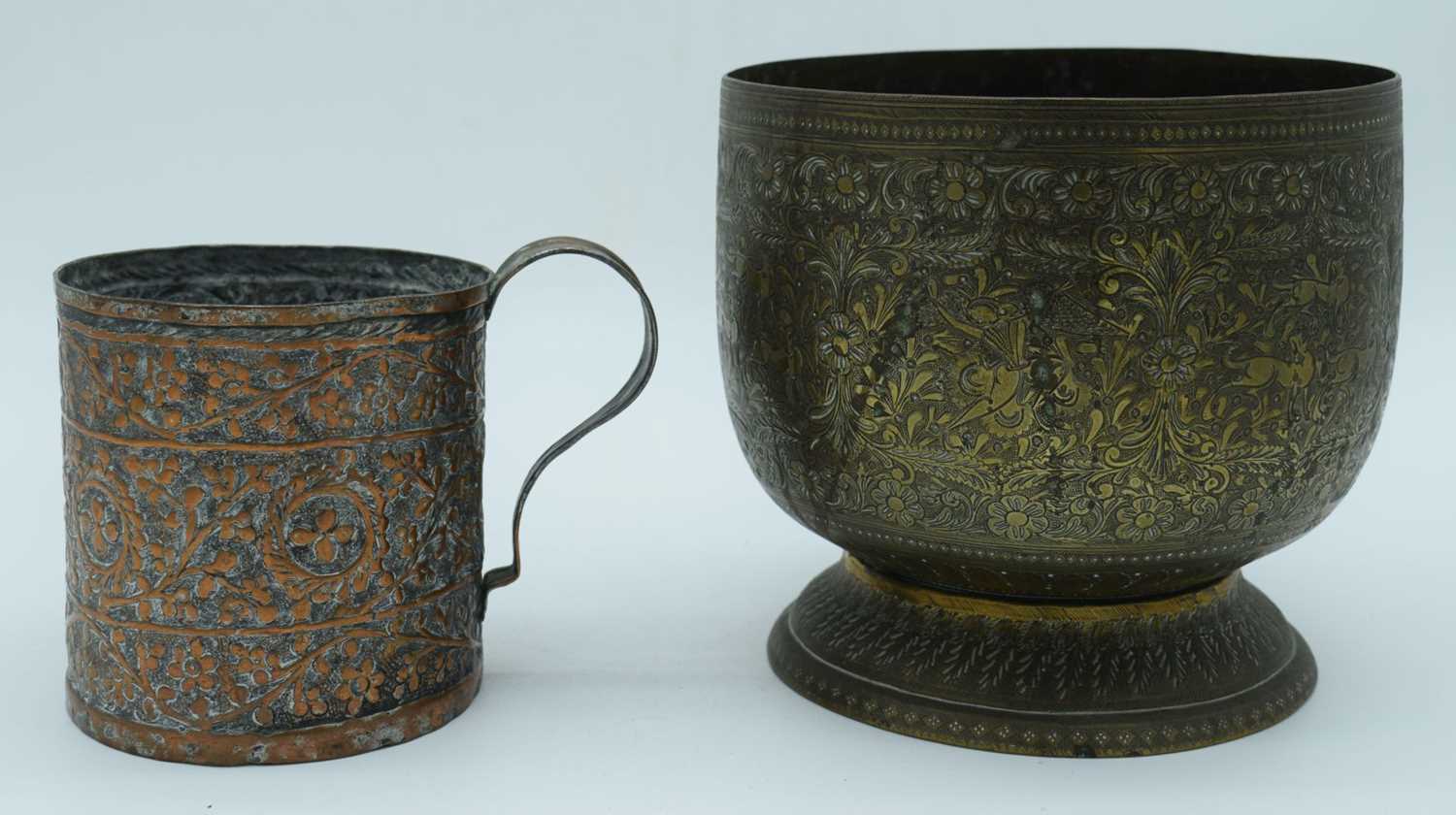A 19th Century Repousse copper tankard together with an Indian engraved brass bowl largest 16 cm - Image 3 of 6