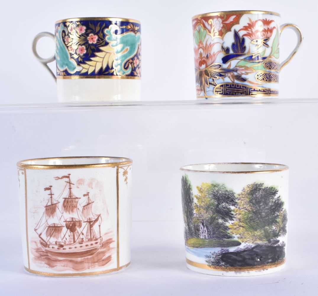 Coalport coffee can painted with an imari pattern, another with a rare shipping scene, a third