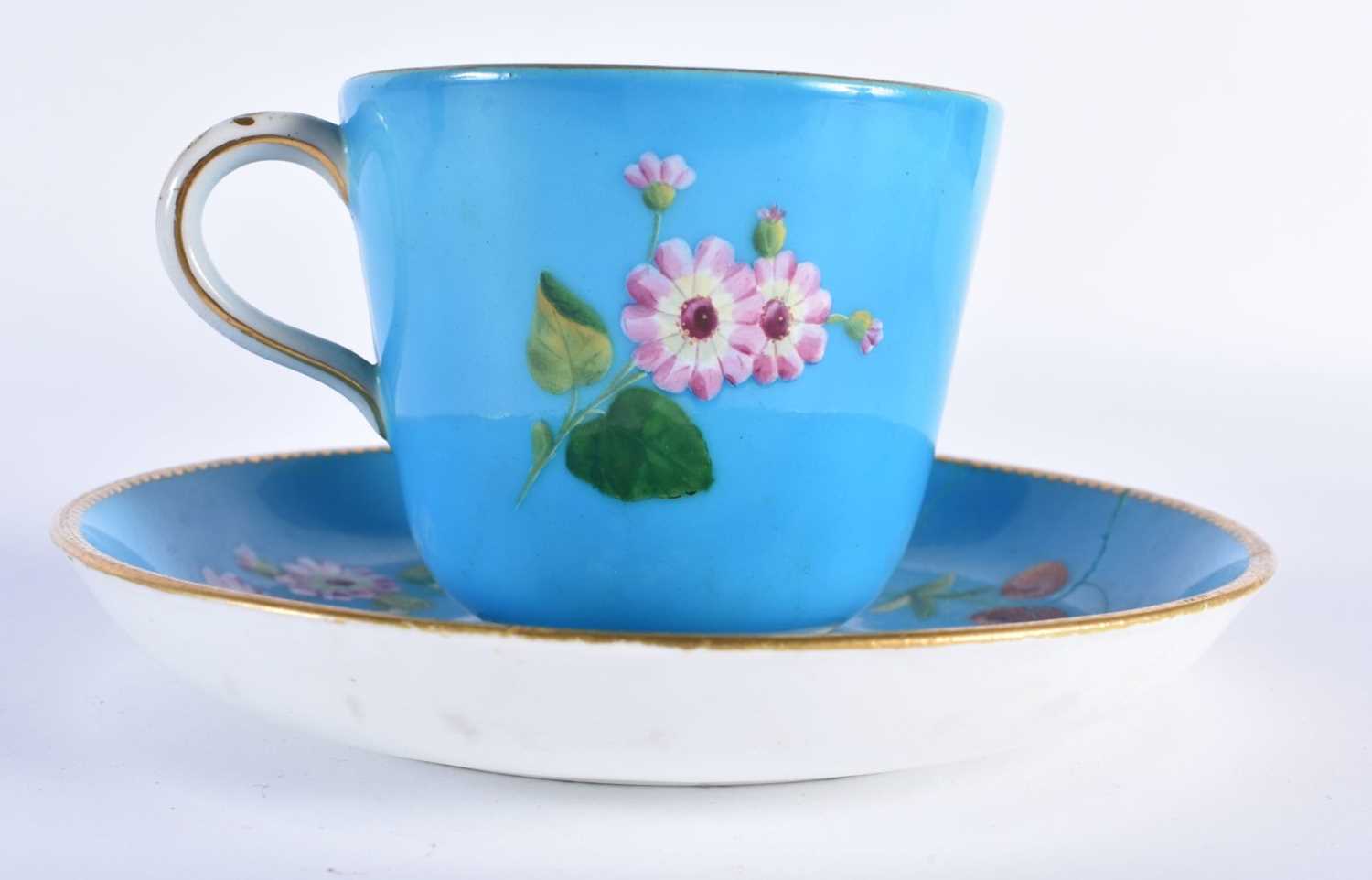 Minton coffee cup, teacup and saucer with turquoise ground painted in raised enamels with flowers ( - Image 5 of 10