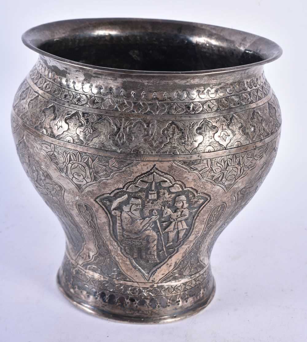 A Persian Silver Vase decorated with Figures and Landscapes. 17cm x 17cm, weight 693g - Image 2 of 5