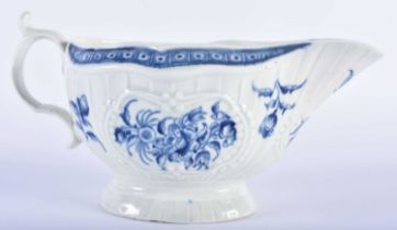 AN 18TH CENTURY WORCESTER BLUE AND WHITE PORCELAIN SAUCE BOAT painted with floral panels within