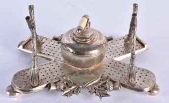 A SILVER PLATED SCOTTISH CURLING TROPHY INKWELL. 440 grams. 16 cm x 10.5 cm.