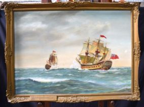 J R Leech (20th Century) framed oil on canvas mounted to board depicting two galleons engaged in