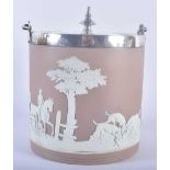 A WEDGWOOD PORCELAIN BISCUIT BARREL with silver plated mounts, decorated with fox hunting scenes