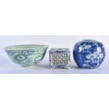 A 19TH CENTURY CHINESE BLUE AND WHITE PORCELAIN GINGER JAR together with a celadon bowl & a
