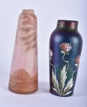 TWO ART NOUVEAU ENAMELLED GLASS VASES painted with landscapes and foliage. Largest 16 cm high. (2)
