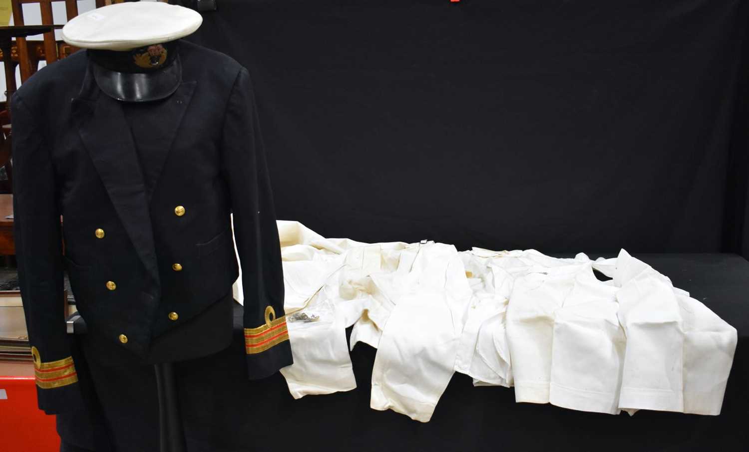 A Royal Navy dress uniform together with a cap and a selection of trousers, shirts,collars etc ( - Image 2 of 16