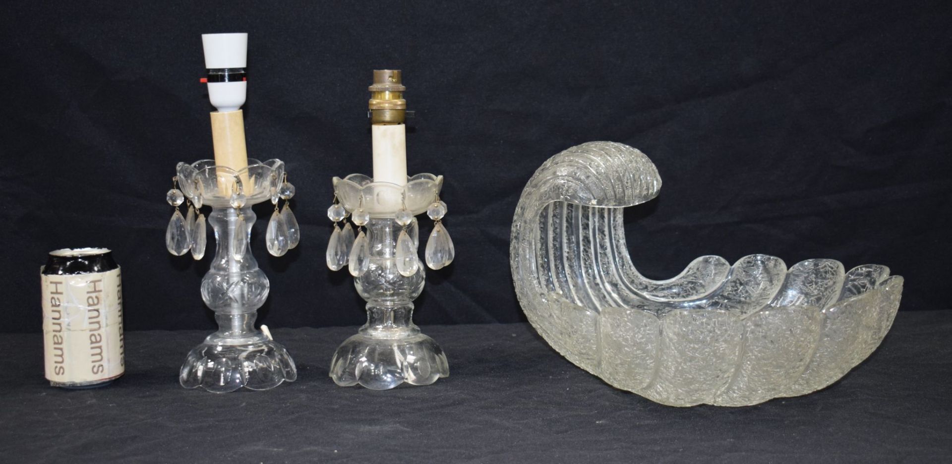 A large vintage glass wave/shell dish together with two glass lustre light bases 21 x 34 cm (2)