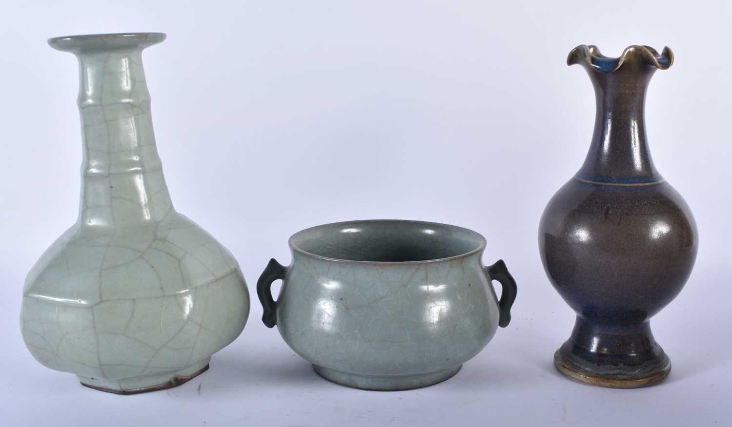 A CHINESE RU TYPE STONEWARE OCTAGONAL VASE together with a similar censer & purple glazed vase.