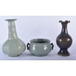 A CHINESE RU TYPE STONEWARE OCTAGONAL VASE together with a similar censer & purple glazed vase.