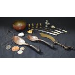 A Miscellaneous collection of horn and Mother of pearl handled flatware, Enamelled Islamic bowl,