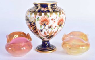 A ROYAL CROWN DERBY IMARI VASE together with a pair of glass salts. Largest 9 cm high. (3)