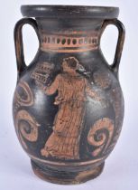 AN EARLY SOUTHERN EUROPEAN ATTIC TYPE TWIN HANDLED POTTERY VASE painted with figures. 22 cm x 12