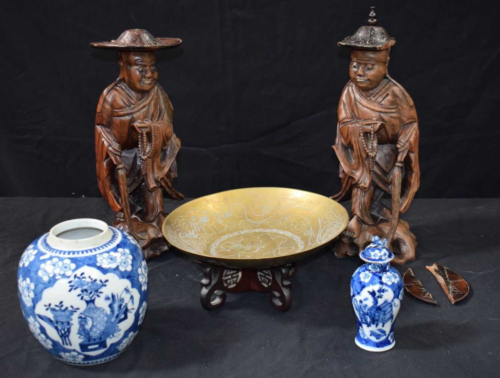 A pair of Chinese Carved hardwood figures together with a Porcelain blue and white Ginger Jar, - Image 2 of 10