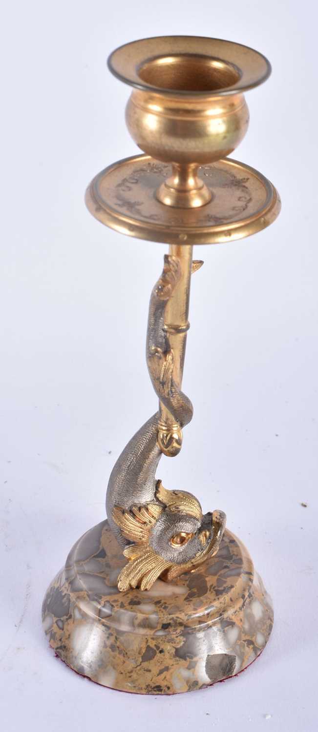 A PAIR OF REGENCY COUNTRY HOUSE SILVERED BRONZE CANDLESTICKS formed as fish. 18cm high. - Image 3 of 5