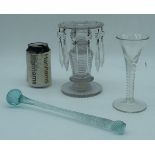 A Victorian glass lustre candle stick together with a Georgian air twist wine glass and a glass
