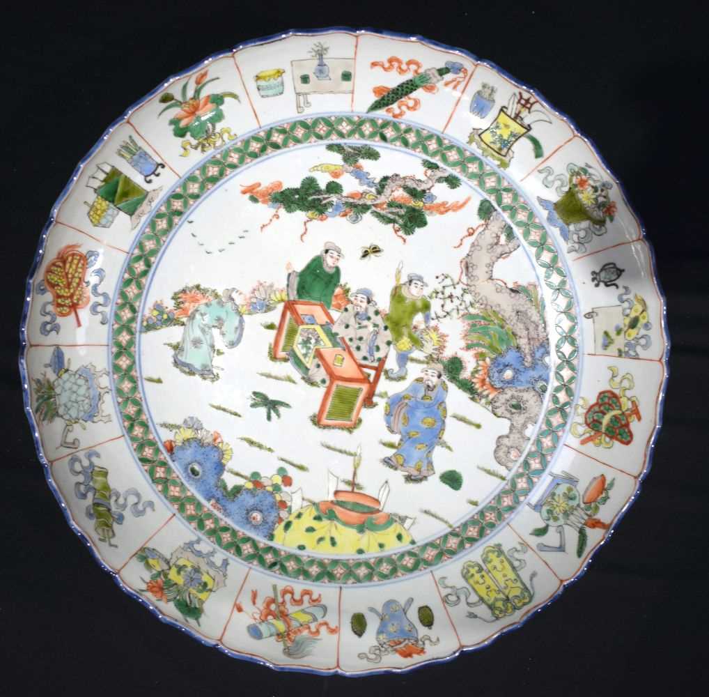 A large 20th Century porcelain Famille Verte charger decorative with figurers 7 x 41 cm. - Image 4 of 8