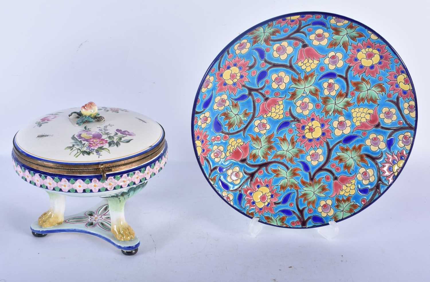 A FRENCH LONGWY POTTERY ENAMELLED CIRCULAR DISH together with a tin glazed faience box. Largest 21 - Image 4 of 7