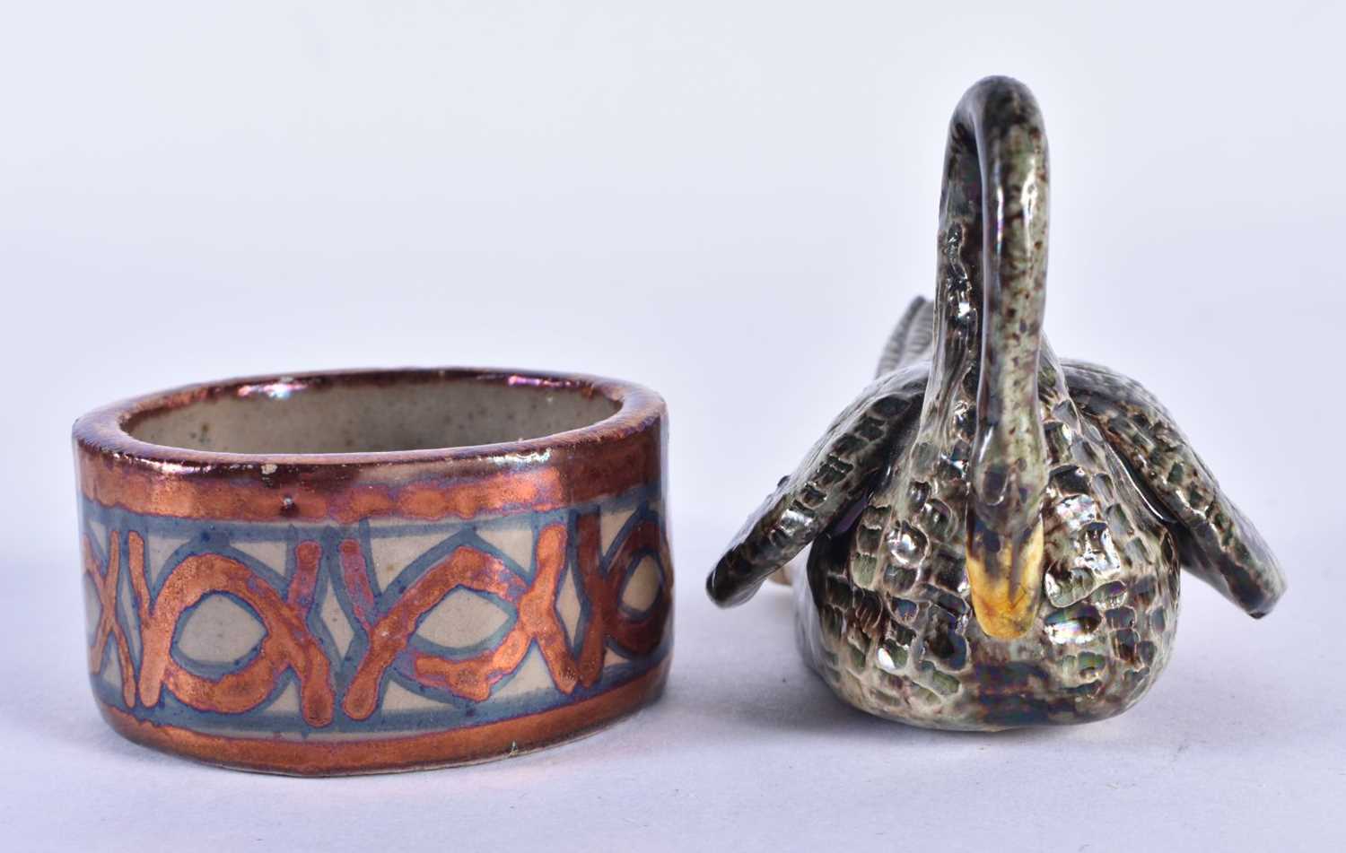 AN ANTIQUE CONTINENTAL MAJOLICA SWAN together with a small Hispano moresque type lustre salt. - Image 2 of 4