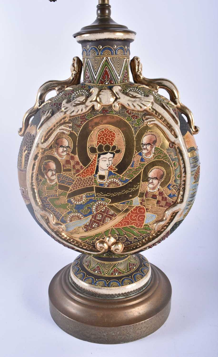 A LATE 19TH CENTURY JAPANESE MEIJI PERIOD SATSUMA LAMP painted with scholars. 60 cm high. - Image 3 of 4