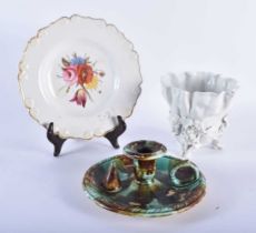 A 19TH CENTURY GERMAN MEISSEN PORCELAIN BLANC DE CHINE FLOWER POT together with a majolica