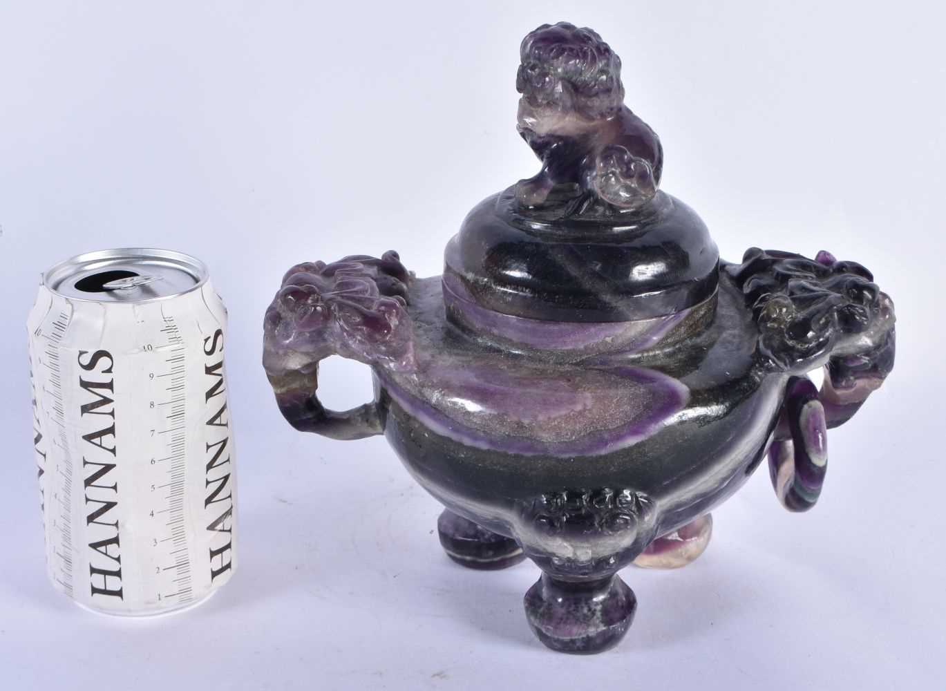 A LARGE LATE 19TH CENTURY CHINESE CARVED AMETHYST STONE CENSER AND COVER Qing. 21 cm x 18cm.