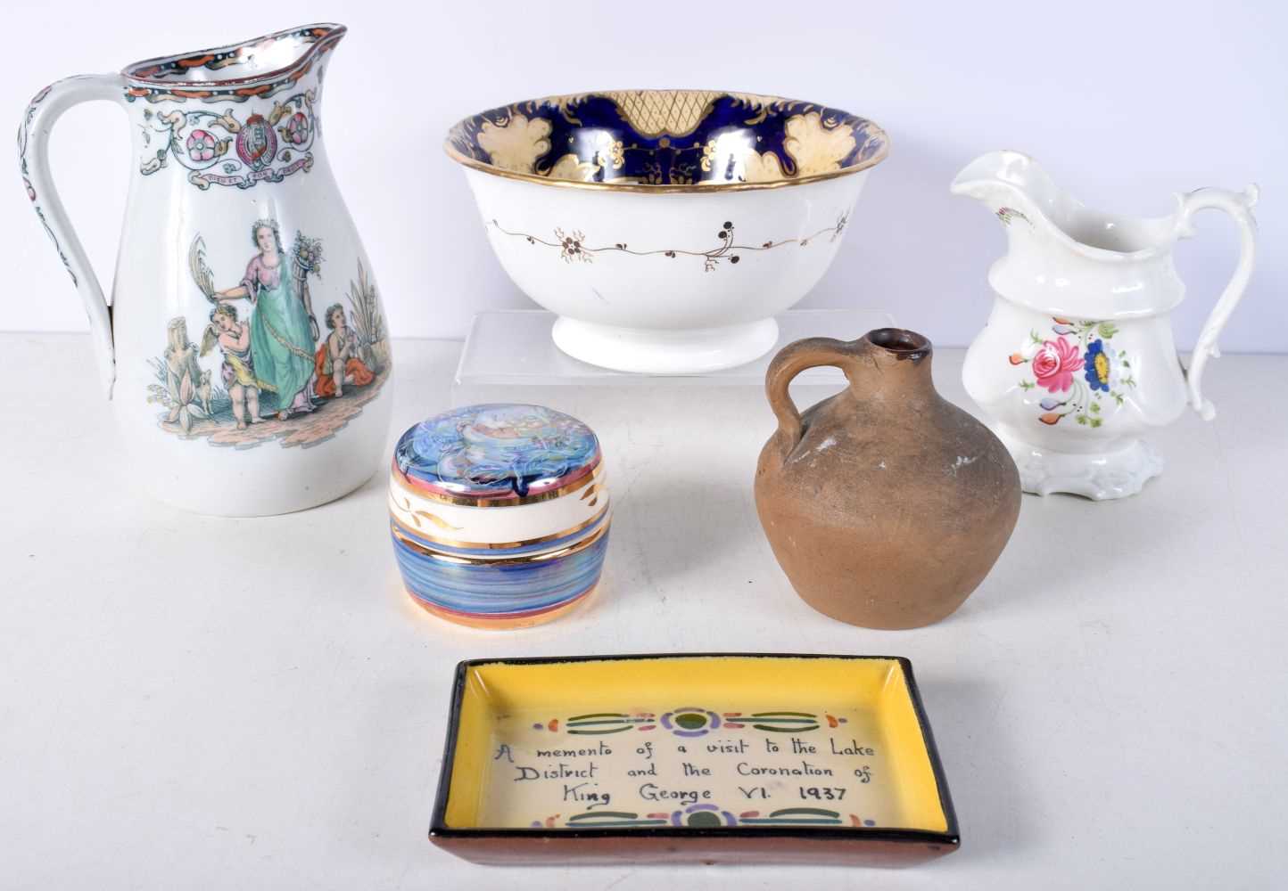 A group of Ceramics , 1937 Coronation Dish, Lustre ware lidded pot, pottery Jug etc 17 cm (6). - Image 2 of 12