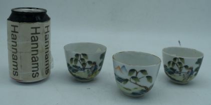 Three Chinese porcelain tea bowls decorated with figures in a landscape 6 x 7 cm (3)